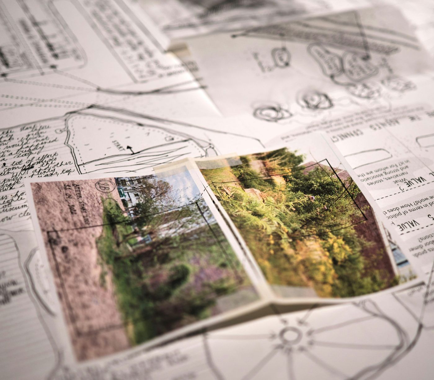 Plans et photos d'une étude paysagère posés sur une table de travail