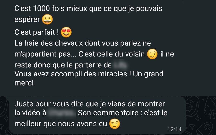 Capture d'un message WhatsApp d'une cliente : « C'est 1000 fois mieux que ce que je pouvais espérer. C'est parfait ! Vous avez accompli des miracles ! Un grand merci »